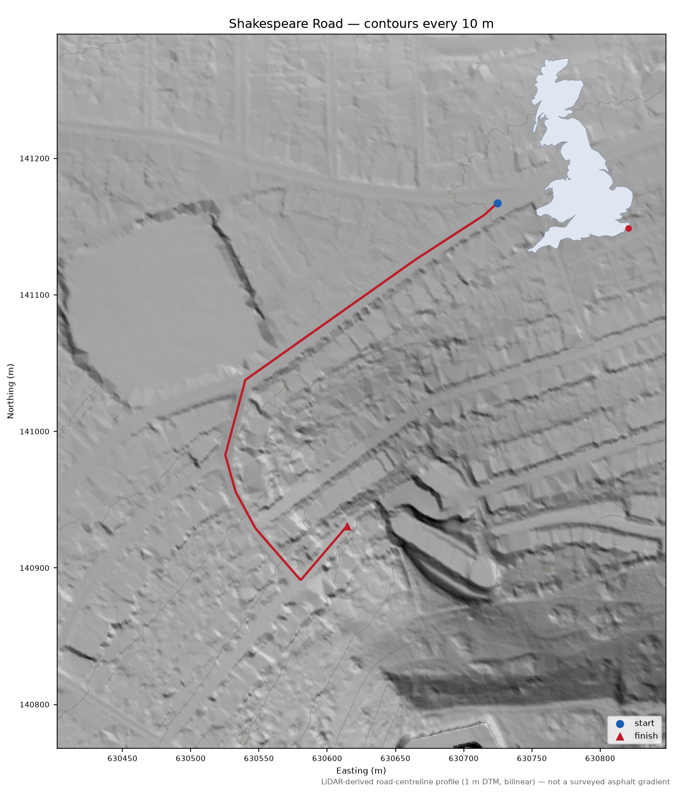 Shakespeare Road LiDAR hillshade map with contours