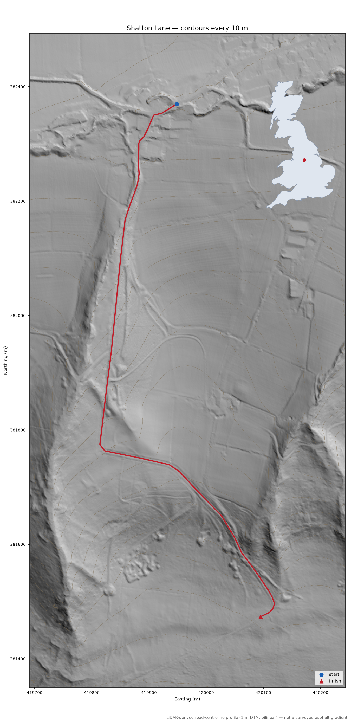 Shatton Lane LiDAR hillshade map with contours