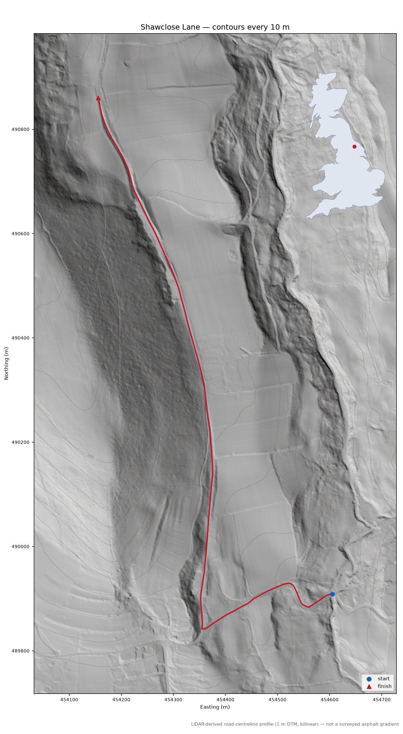 Shawclose Lane LiDAR hillshade map with contours