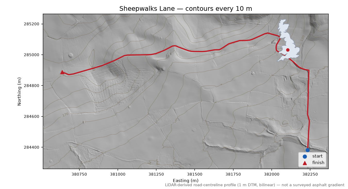 Sheepwalks Lane LiDAR hillshade map with contours