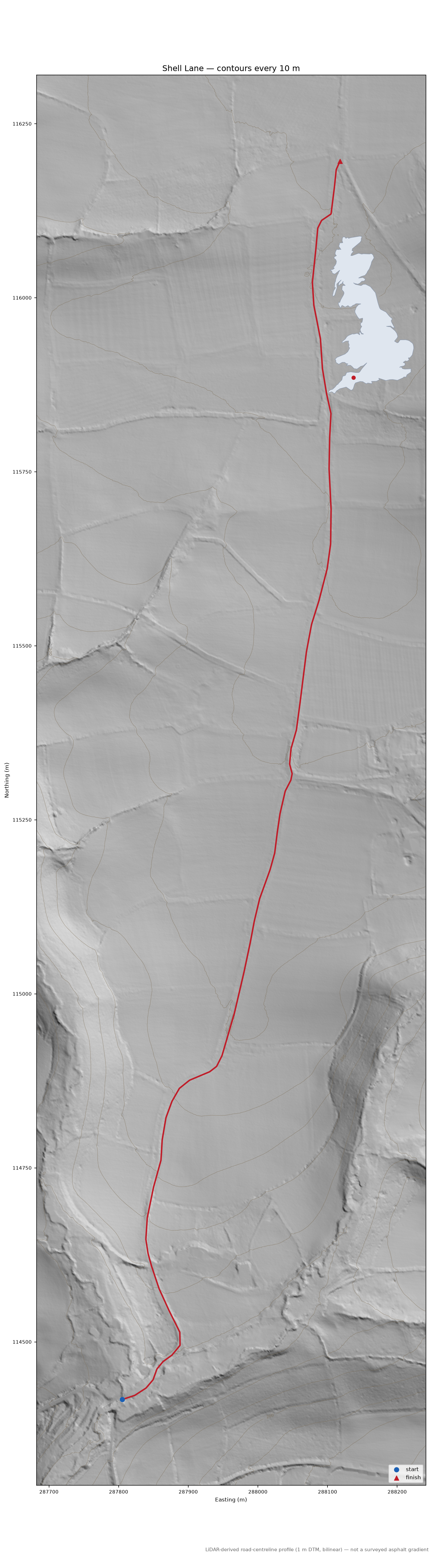 Shell Lane LiDAR hillshade map with contours