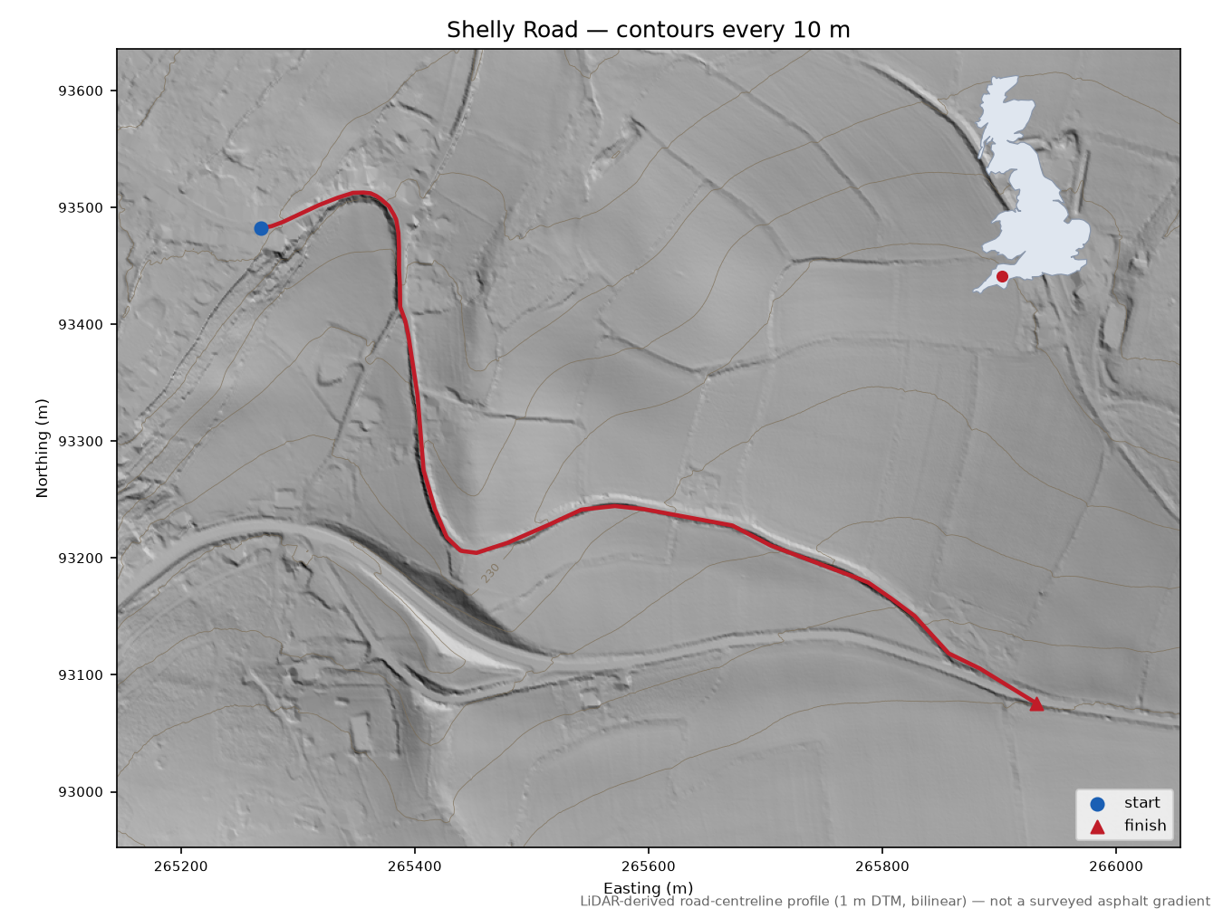 Shelly Road LiDAR hillshade map with contours