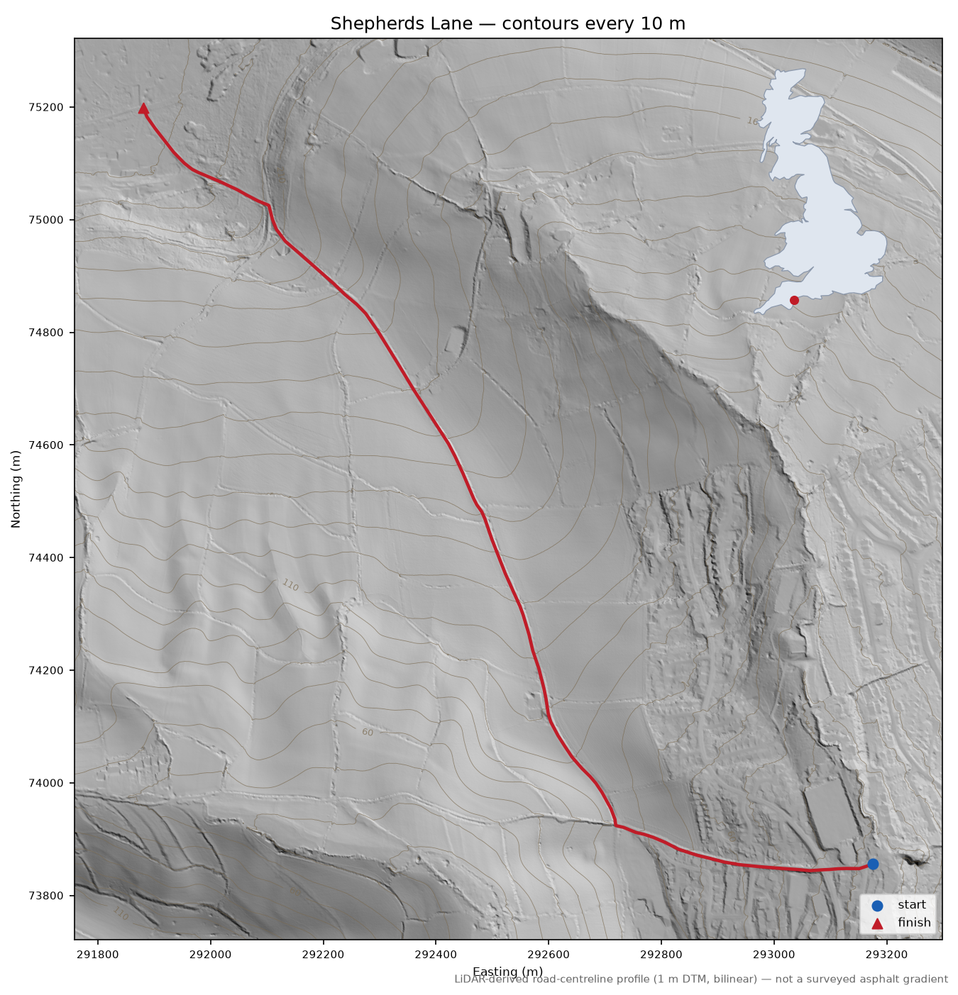 Shepherds Lane LiDAR hillshade map with contours