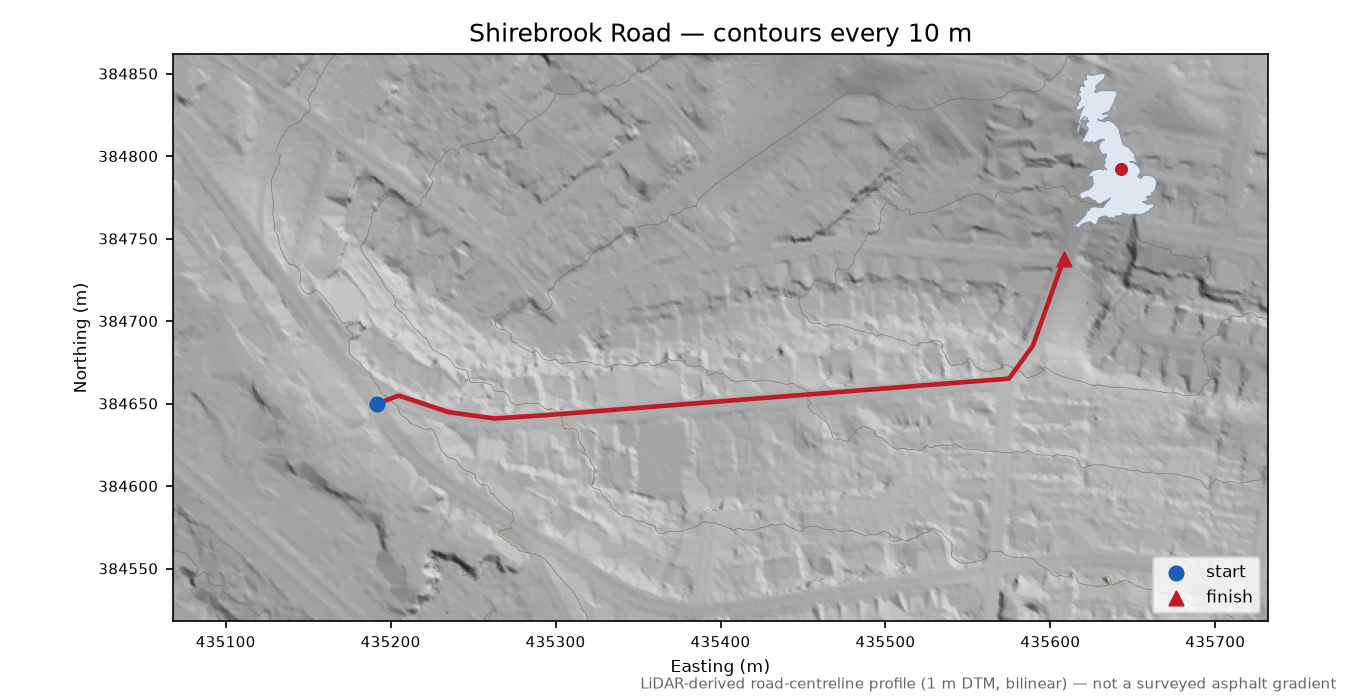 Shirebrook Road LiDAR hillshade map with contours
