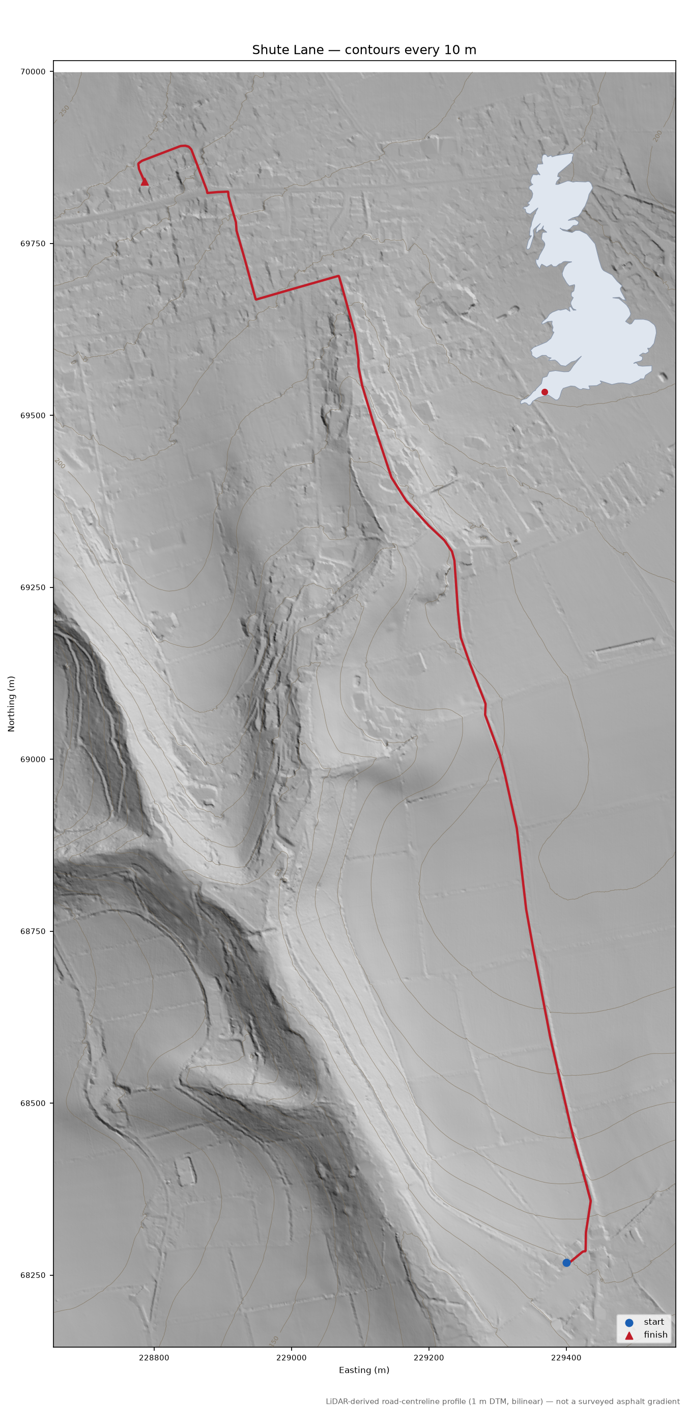 Shute Lane LiDAR hillshade map with contours