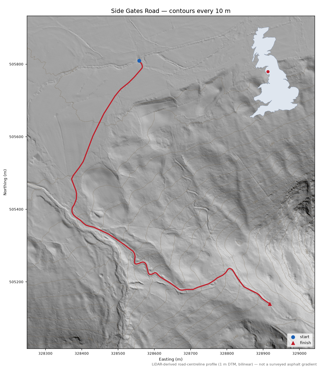 Side Gates Road LiDAR hillshade map with contours