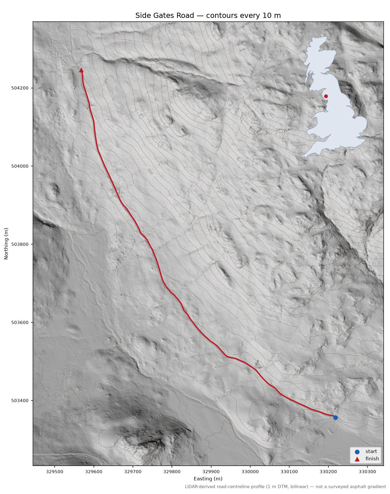 Side Gates Road LiDAR hillshade map with contours