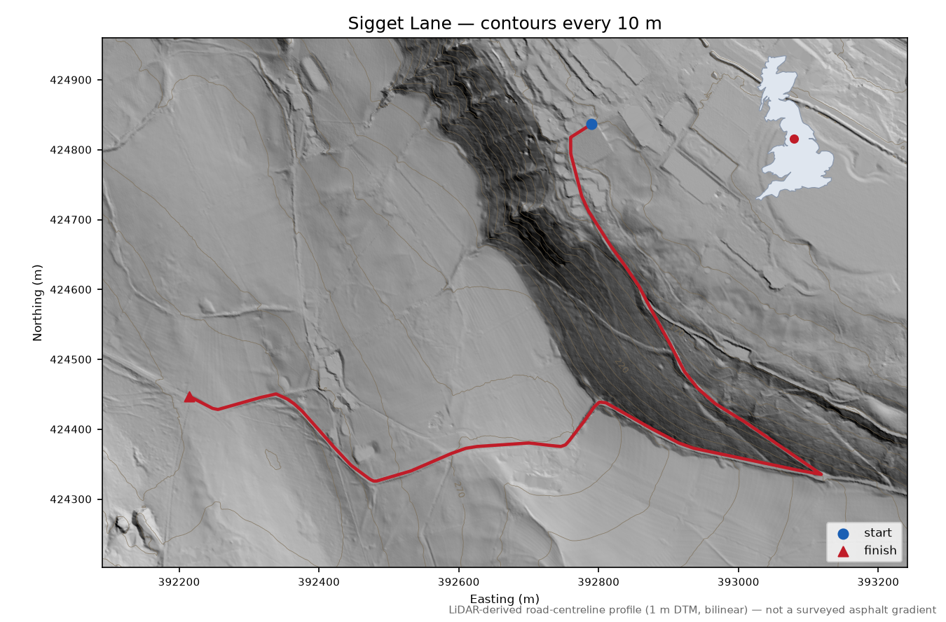 Sigget Lane LiDAR hillshade map with contours