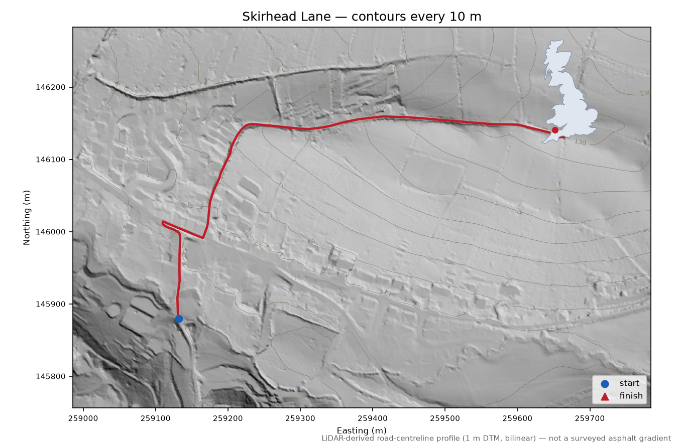 Skirhead Lane LiDAR hillshade map with contours