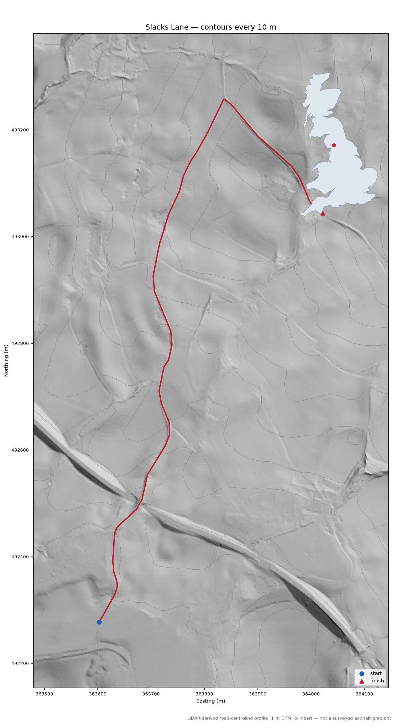 Slacks Lane LiDAR hillshade map with contours