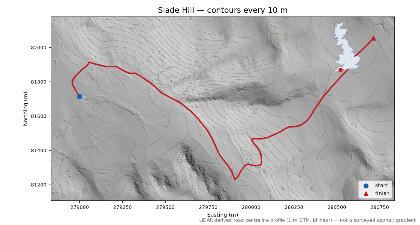 Slade Hill LiDAR hillshade map with contours