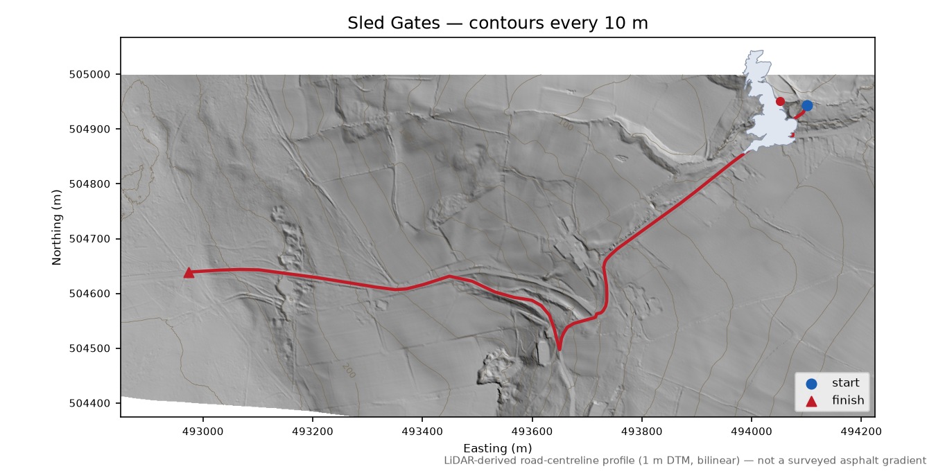 Sled Gates LiDAR hillshade map with contours