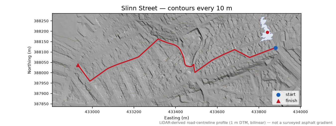 Slinn Street LiDAR hillshade map with contours