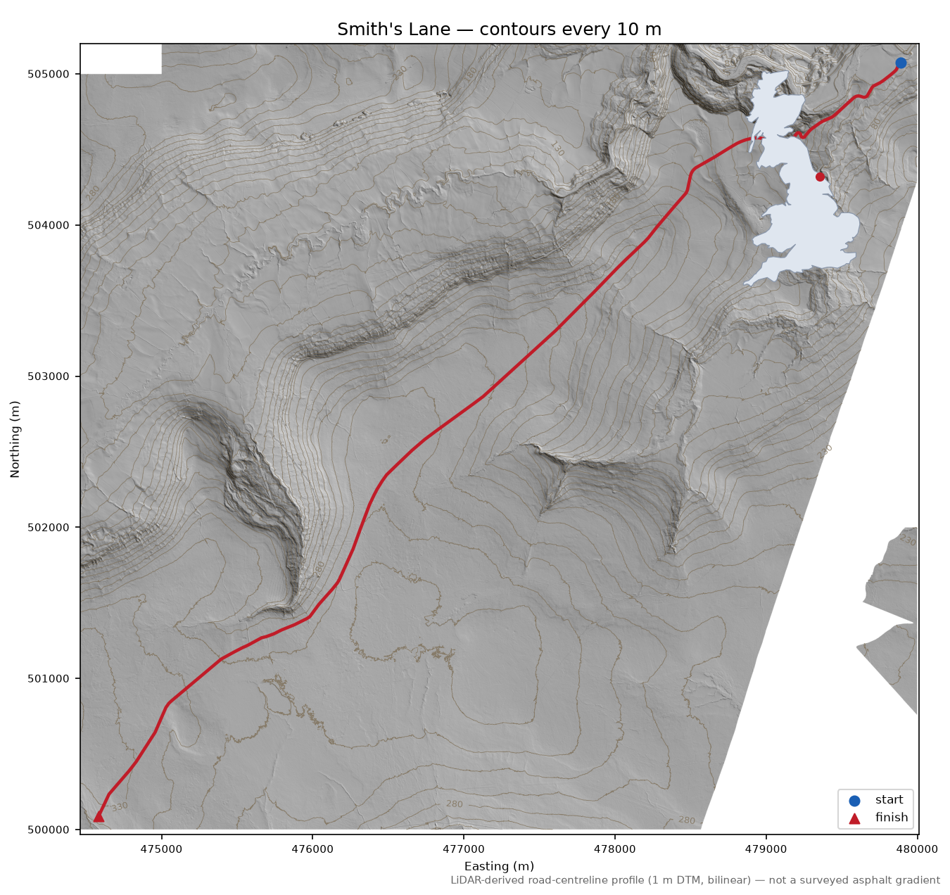 Smith's Lane LiDAR hillshade map with contours