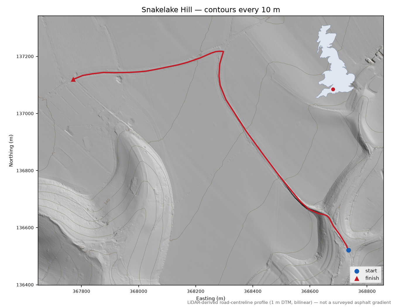 Snakelake Hill LiDAR hillshade map with contours