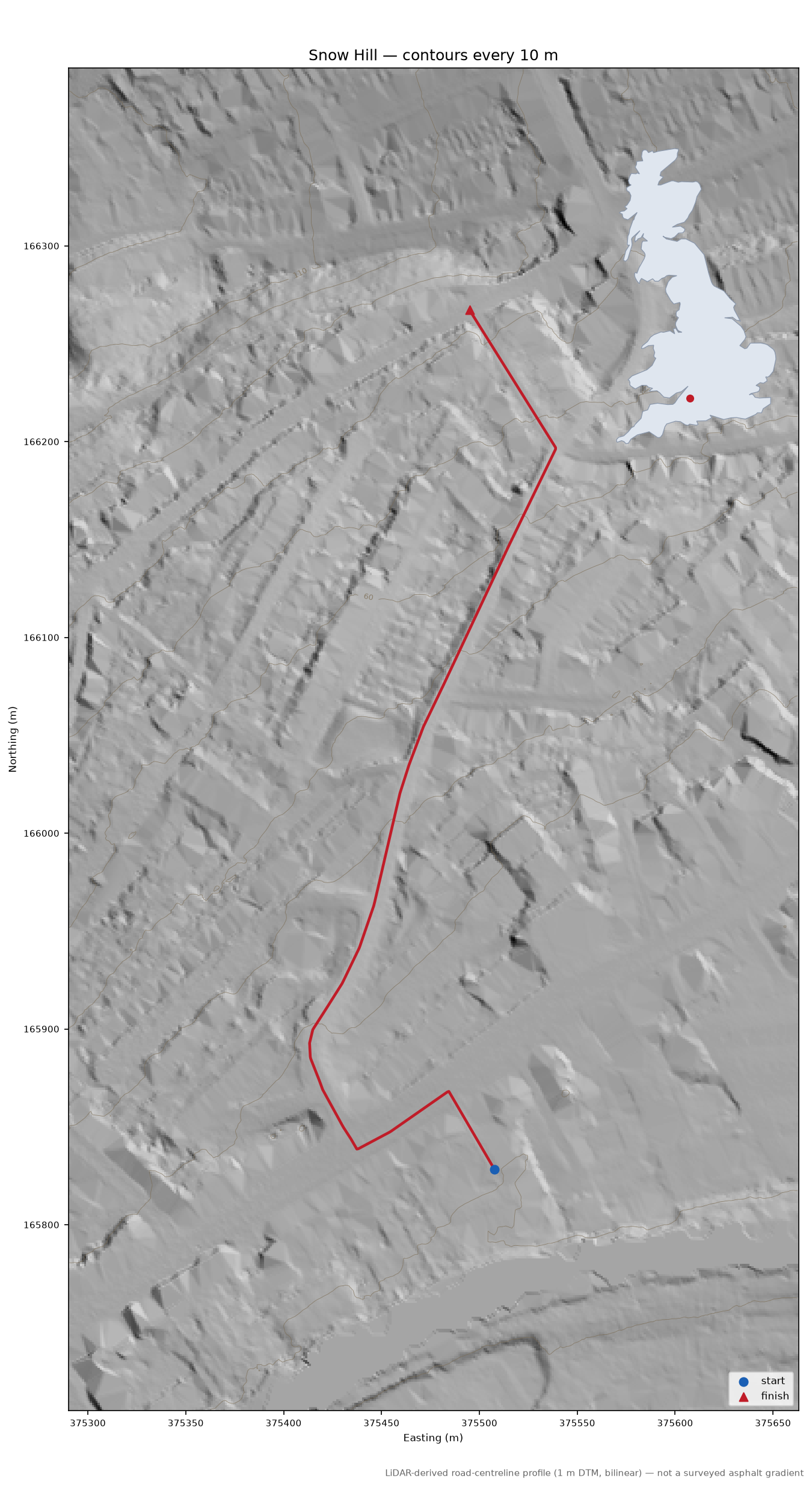 Snow Hill LiDAR hillshade map with contours