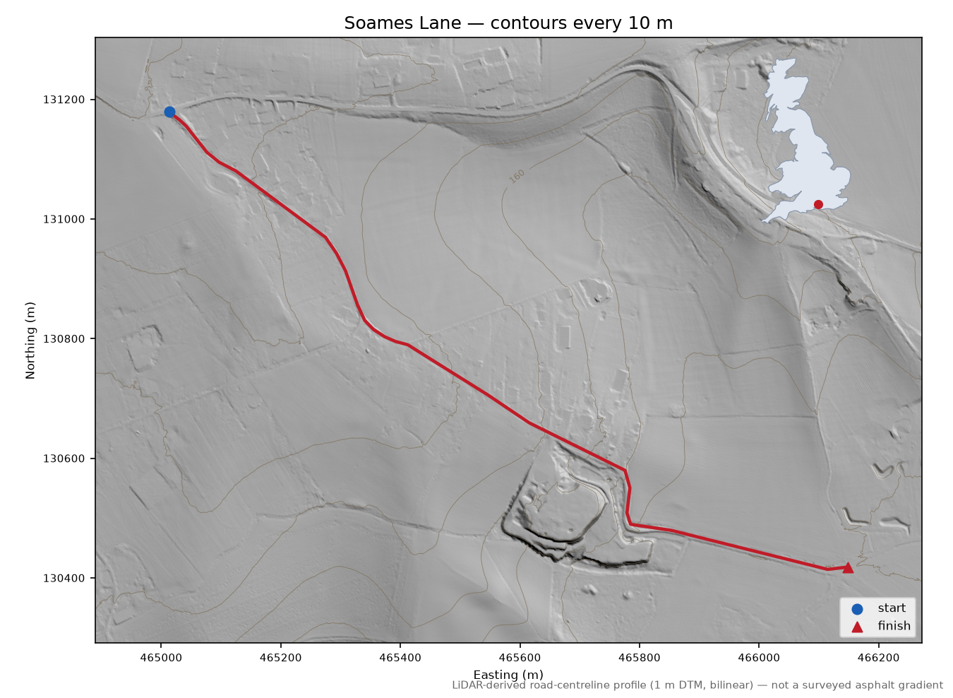 Soames Lane LiDAR hillshade map with contours
