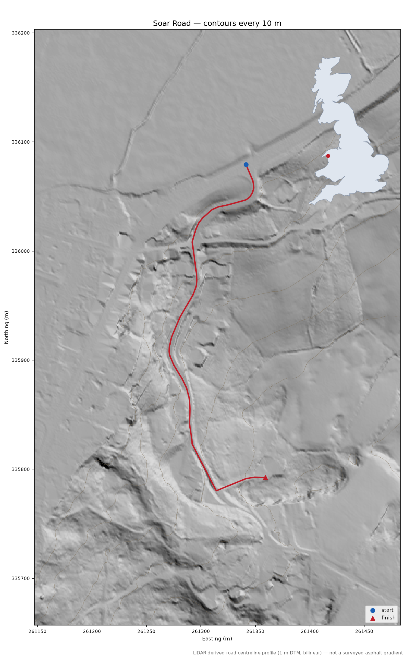 Soar Road LiDAR hillshade map with contours