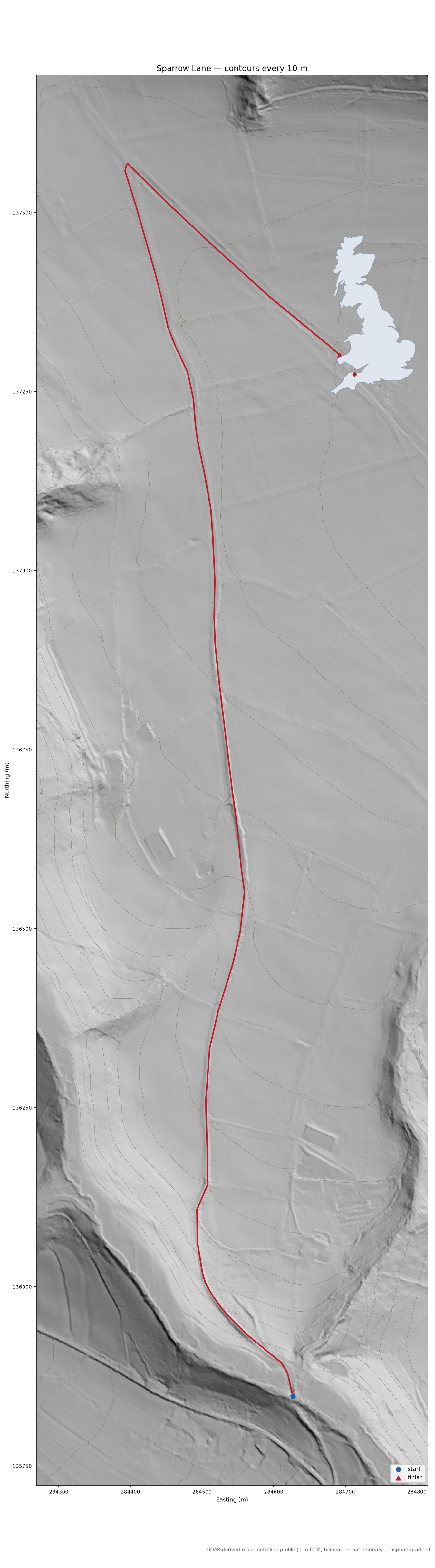 Sparrow Lane LiDAR hillshade map with contours