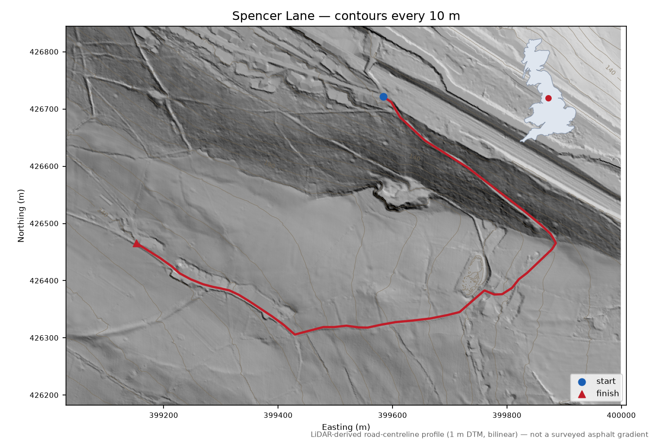Spencer Lane LiDAR hillshade map with contours