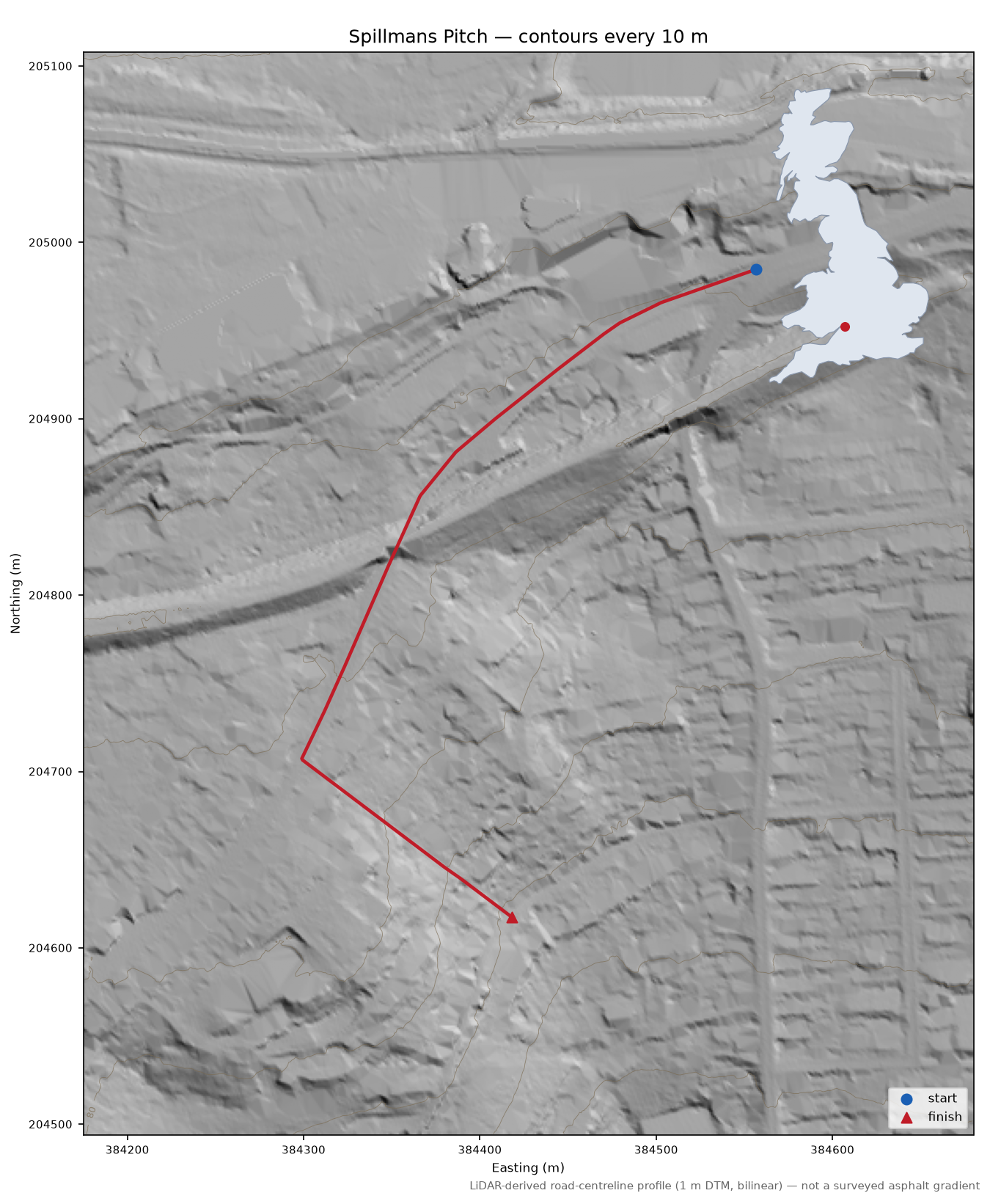 Spillmans Pitch LiDAR hillshade map with contours