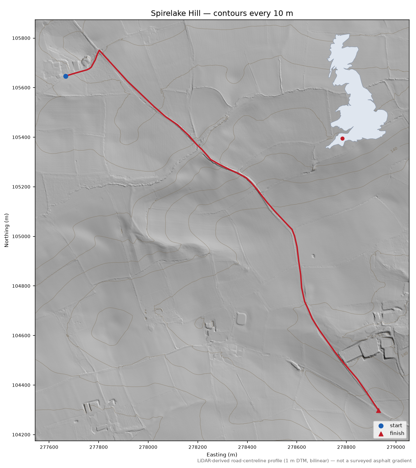 Spirelake Hill LiDAR hillshade map with contours