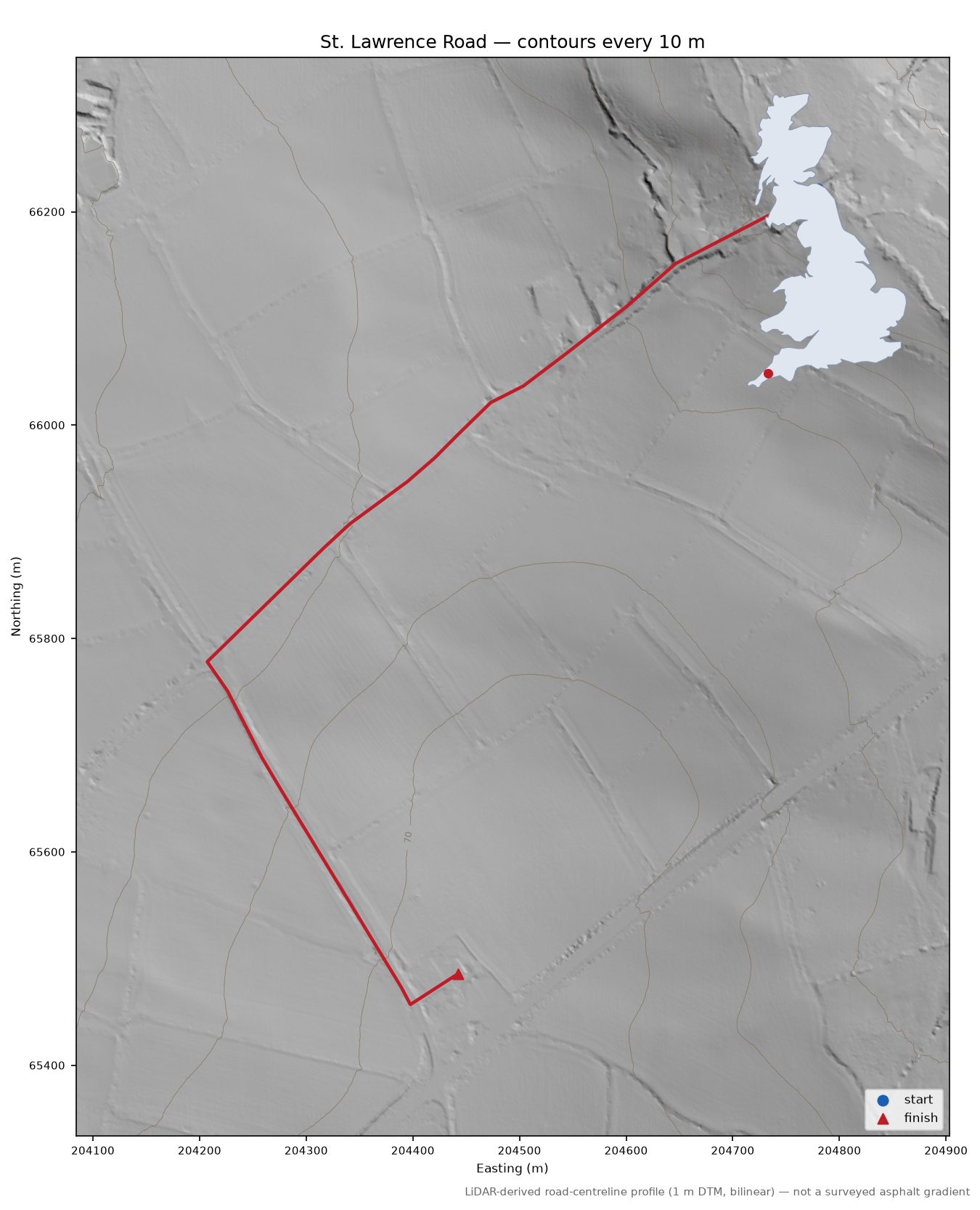 St. Lawrence Road LiDAR hillshade map with contours