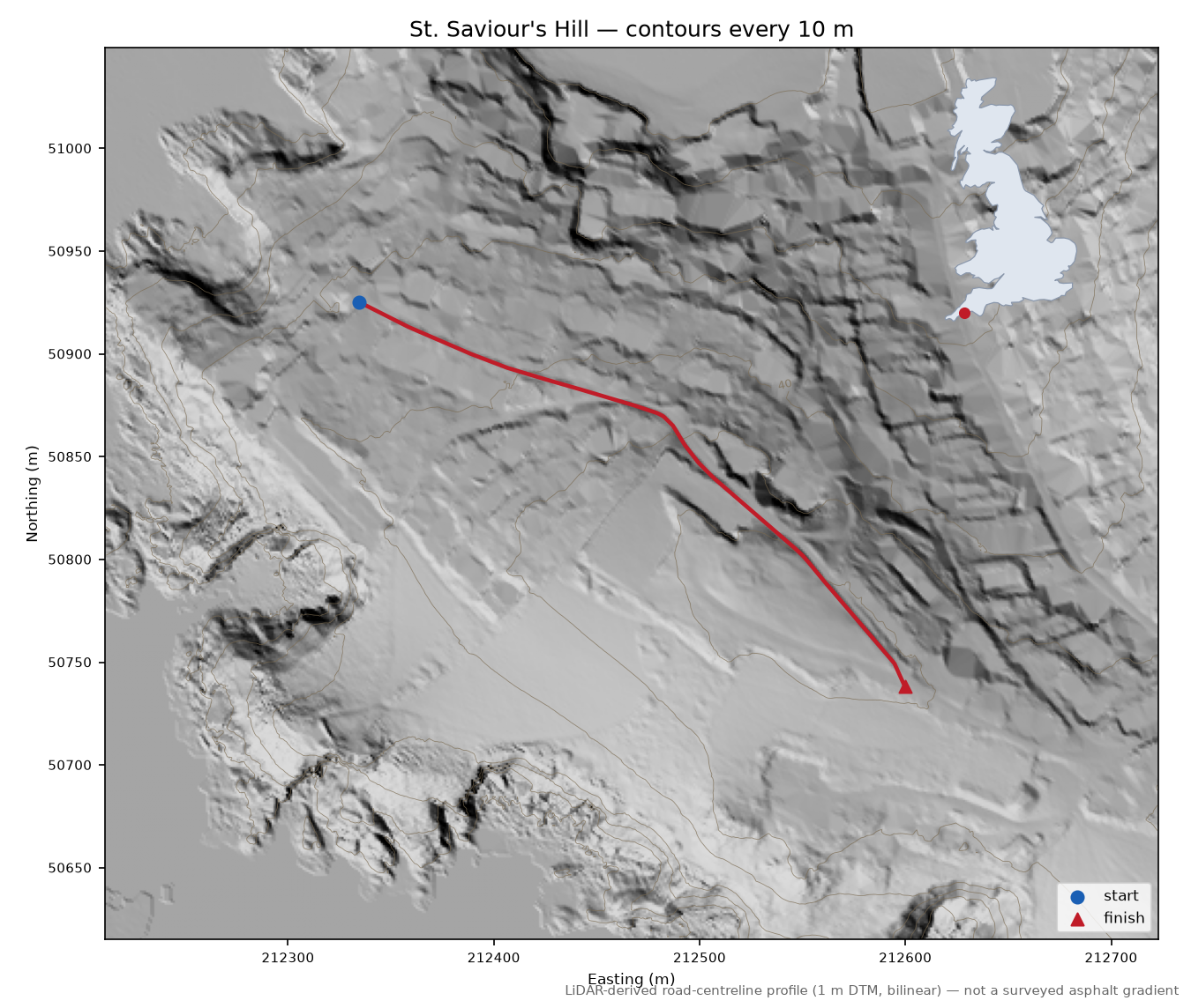 St. Saviour's Hill LiDAR hillshade map with contours