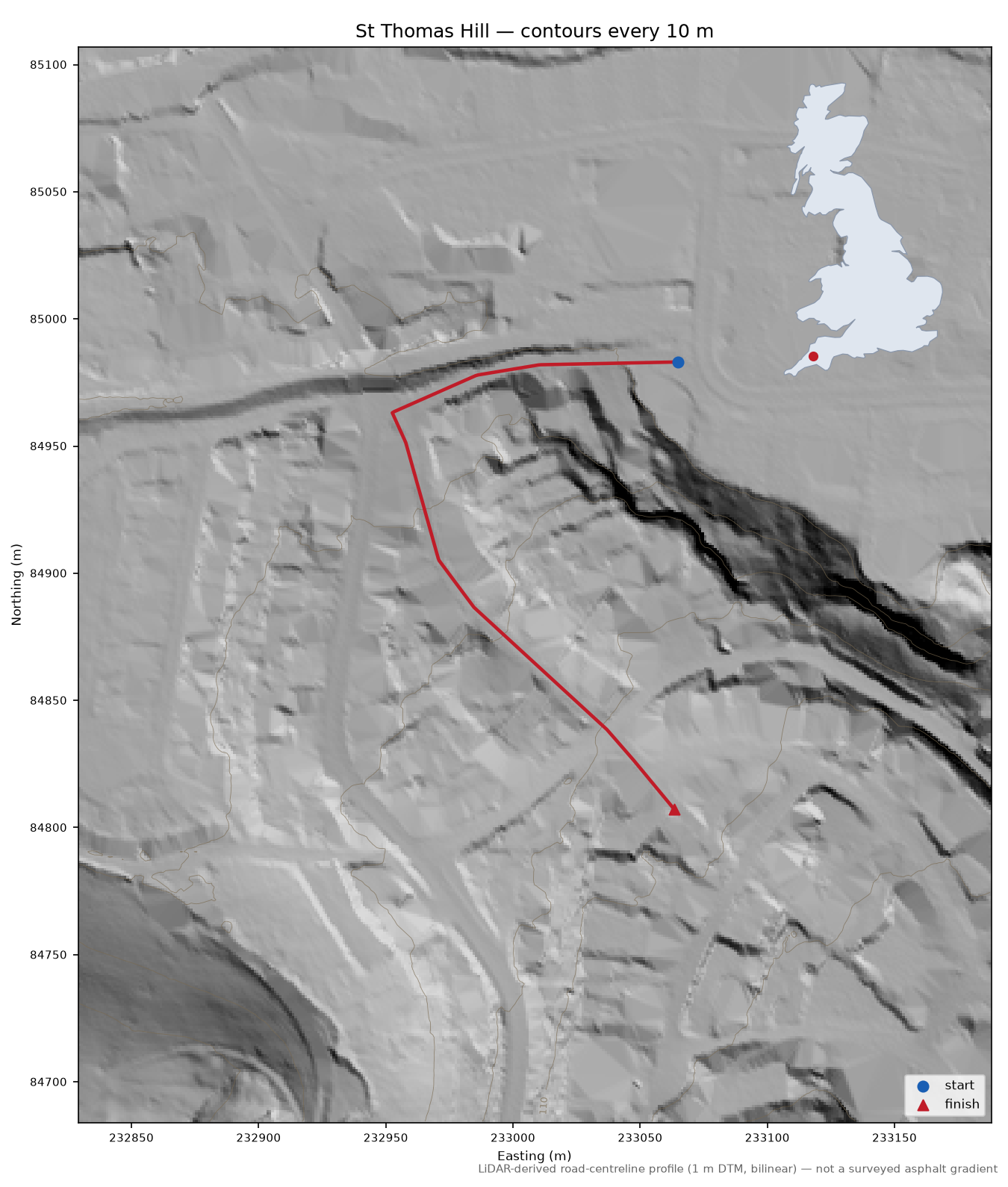 St Thomas Hill LiDAR hillshade map with contours