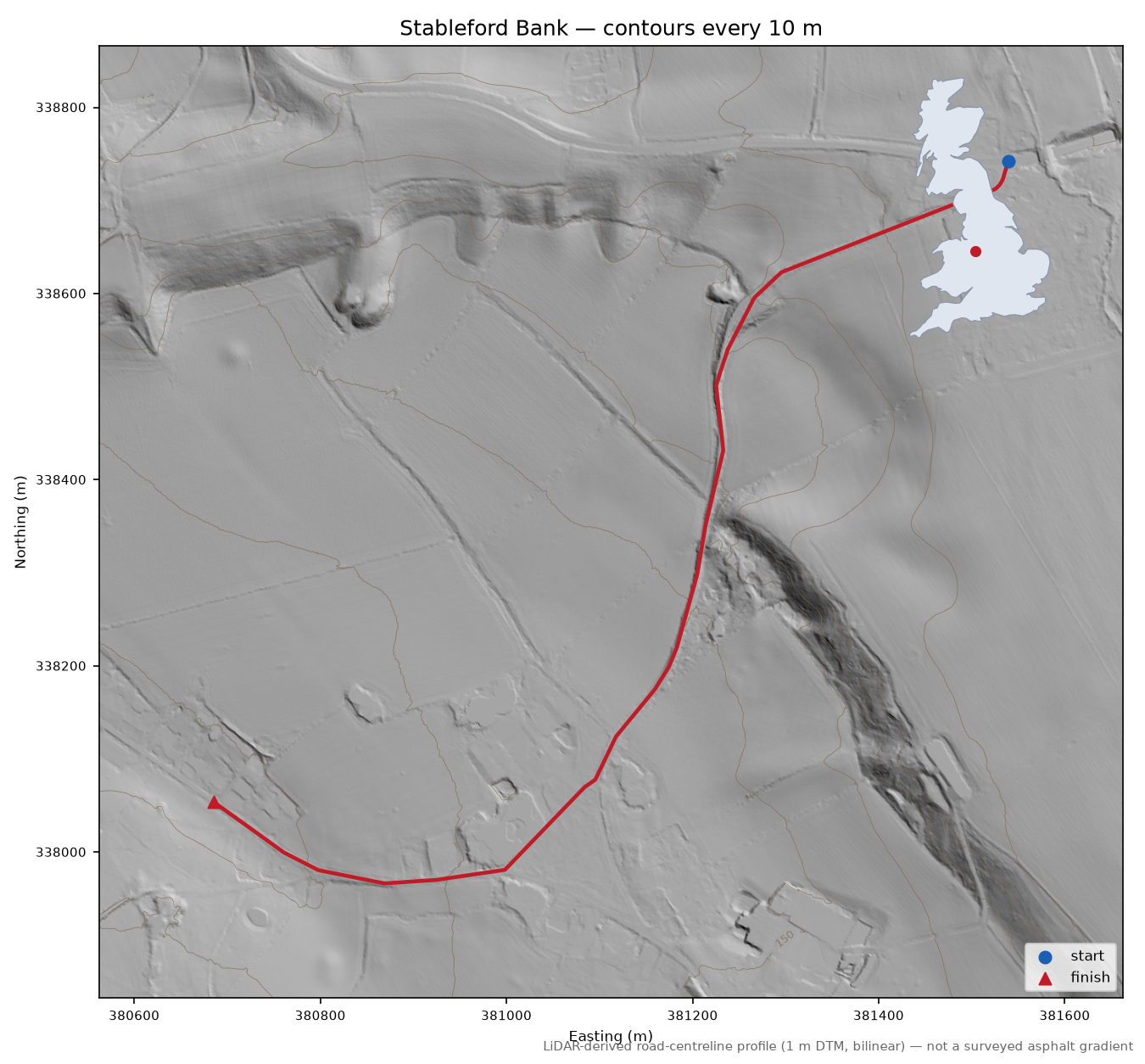 Stableford Bank LiDAR hillshade map with contours