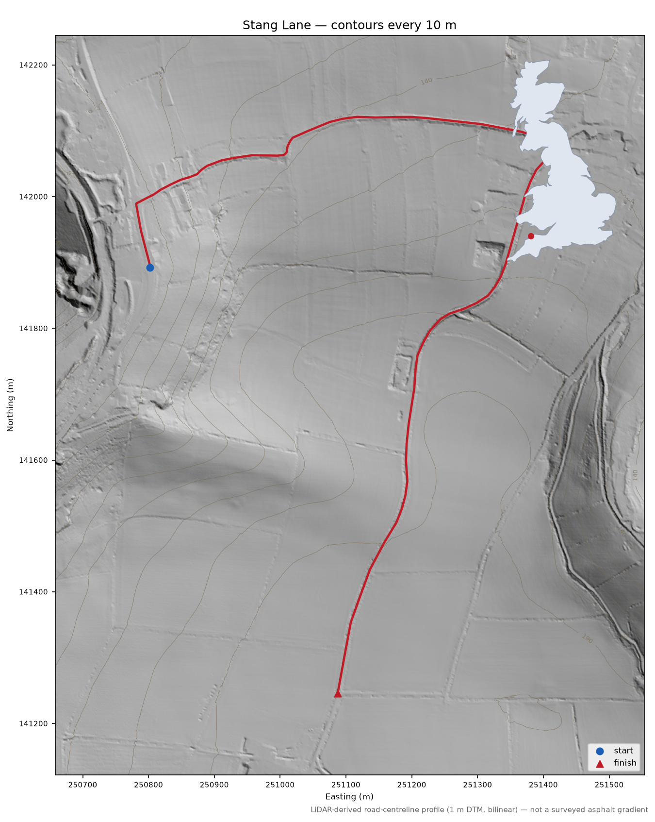 Stang Lane LiDAR hillshade map with contours
