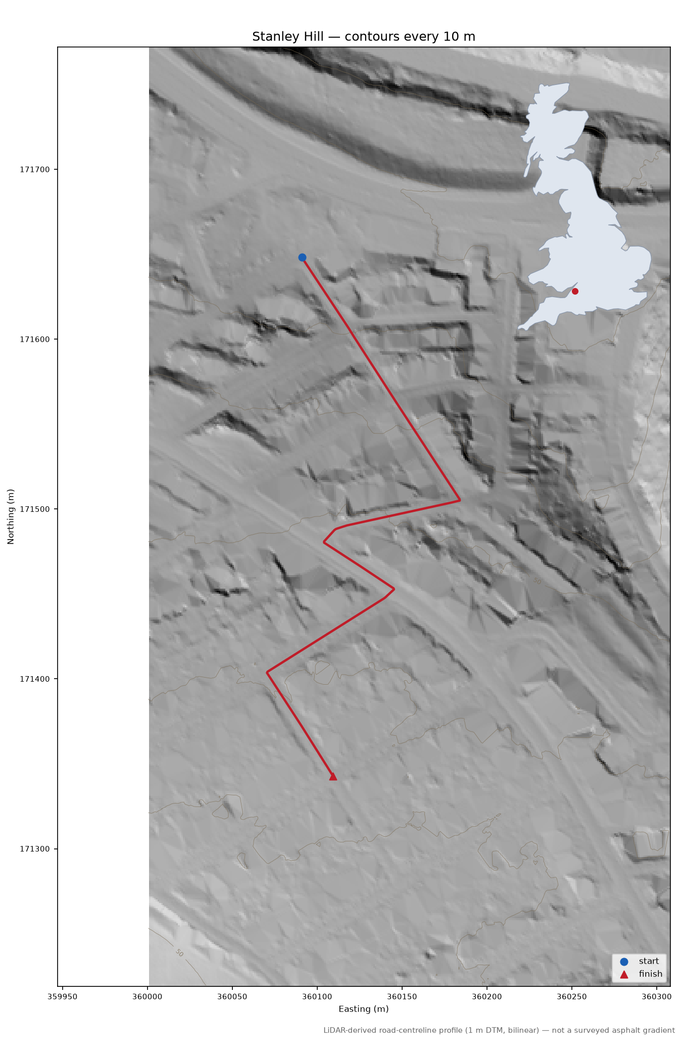 Stanley Hill LiDAR hillshade map with contours