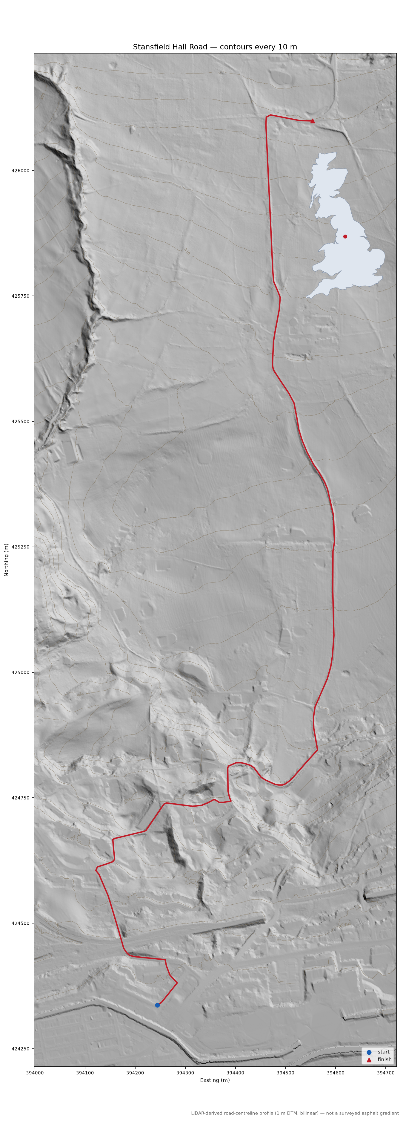 Stansfield Hall Road LiDAR hillshade map with contours