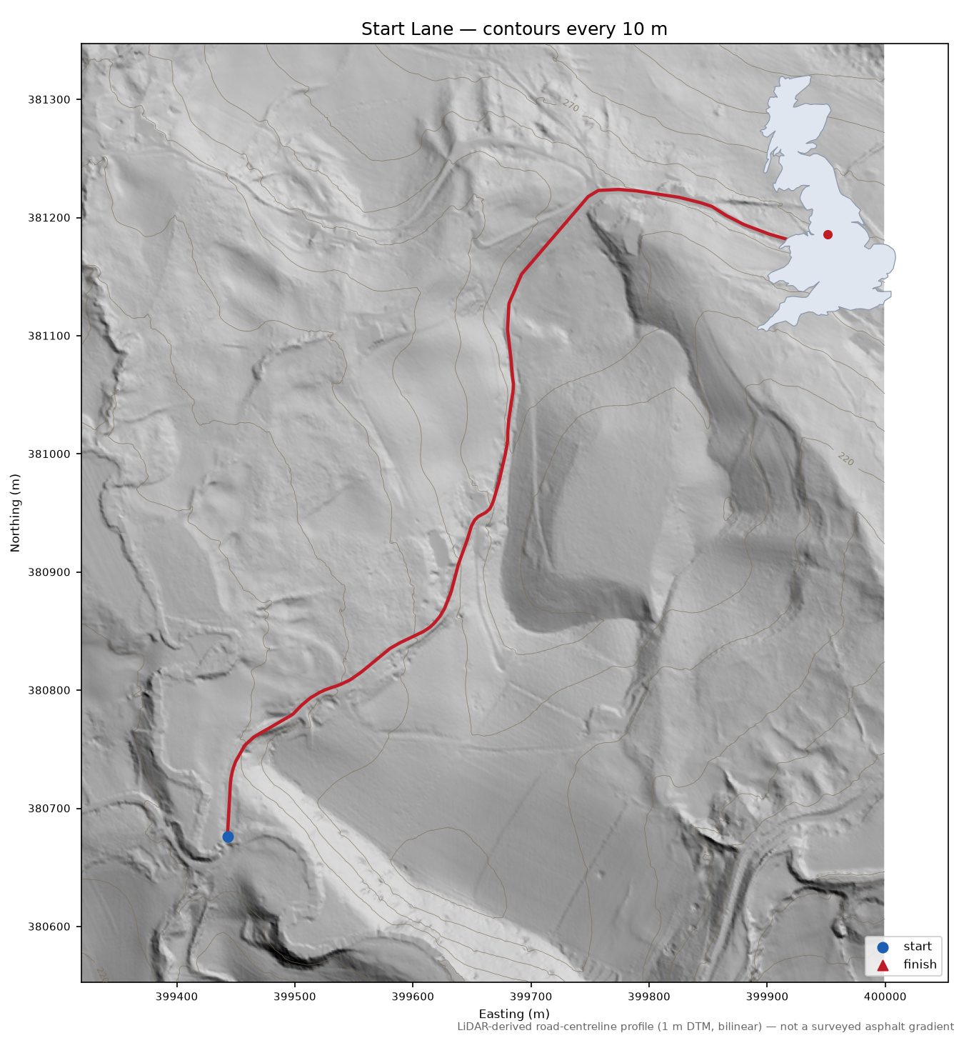 Start Lane LiDAR hillshade map with contours