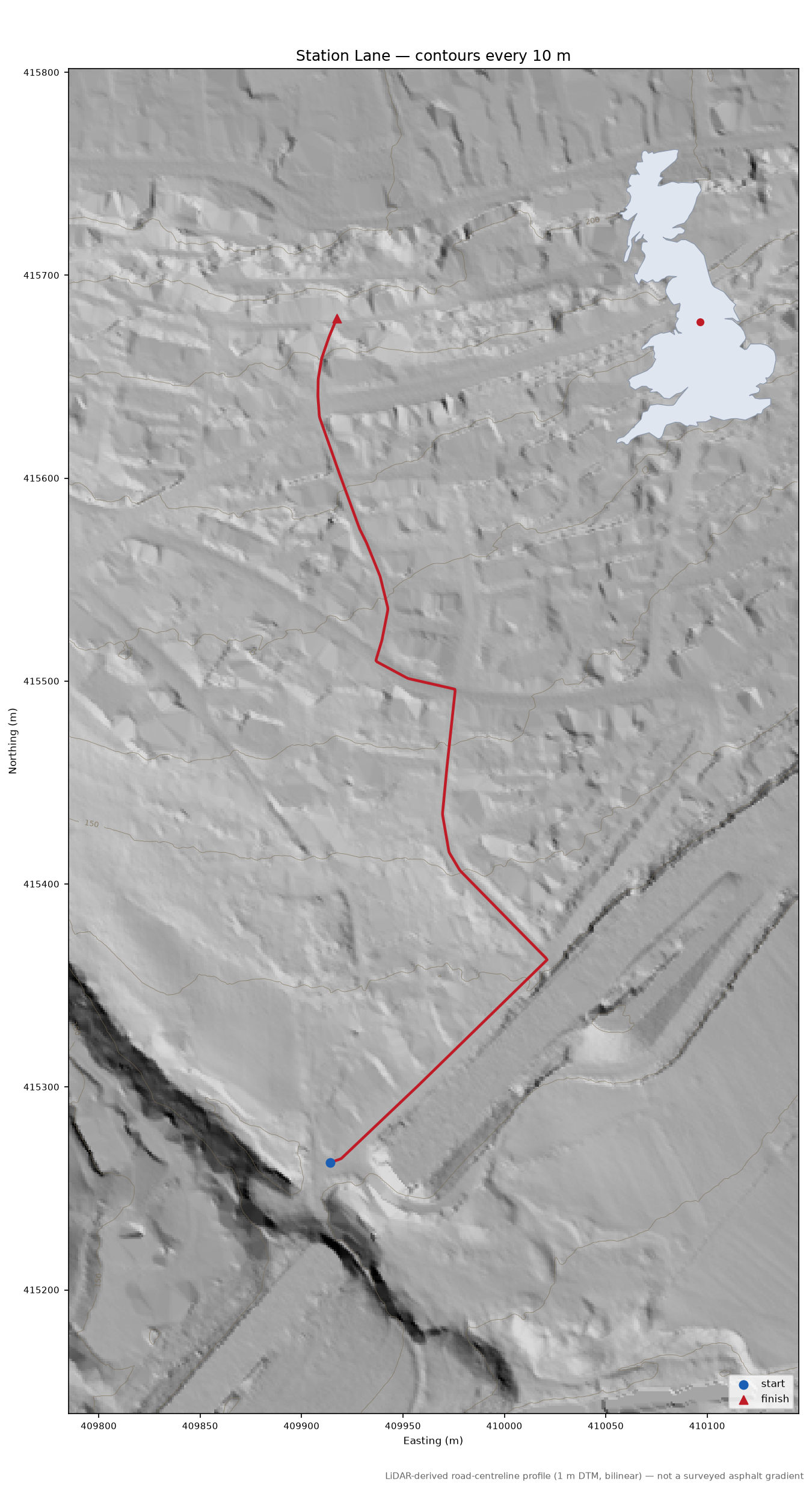 Station Lane LiDAR hillshade map with contours