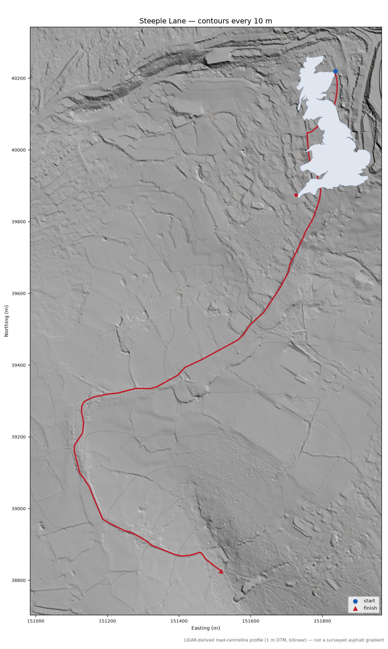 Steeple Lane LiDAR hillshade map with contours