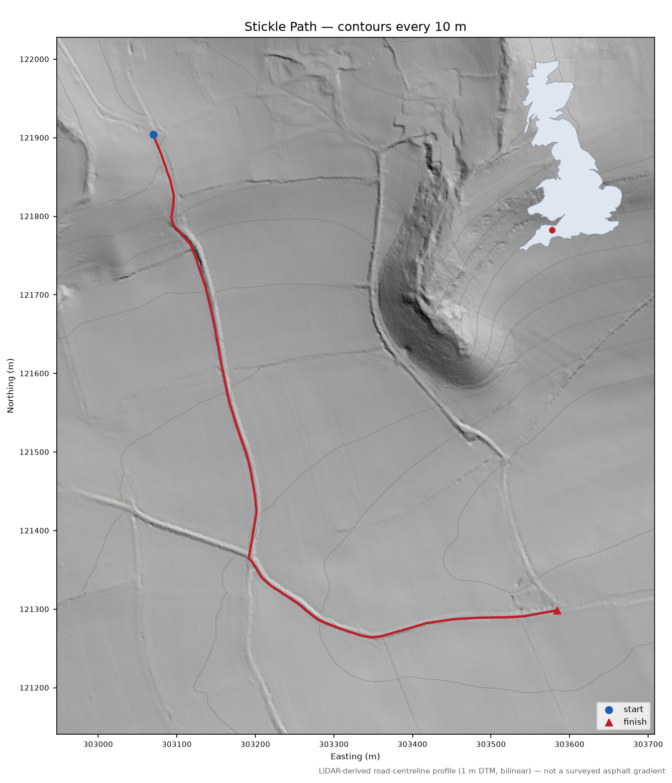 Stickle Path LiDAR hillshade map with contours