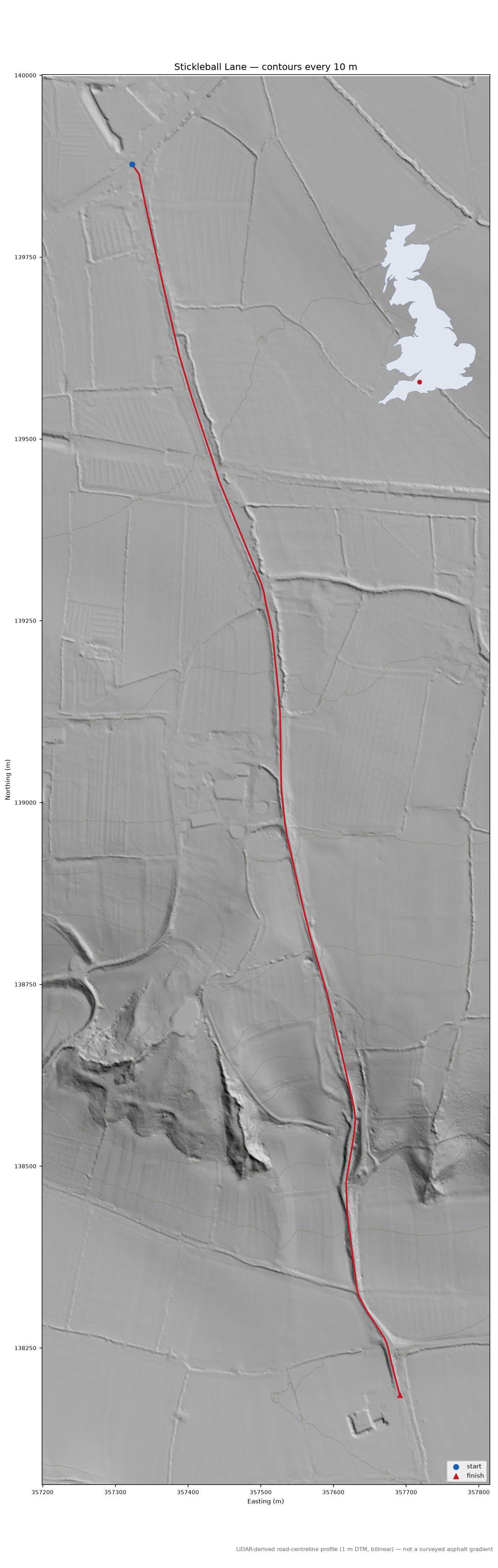Stickleball Lane LiDAR hillshade map with contours