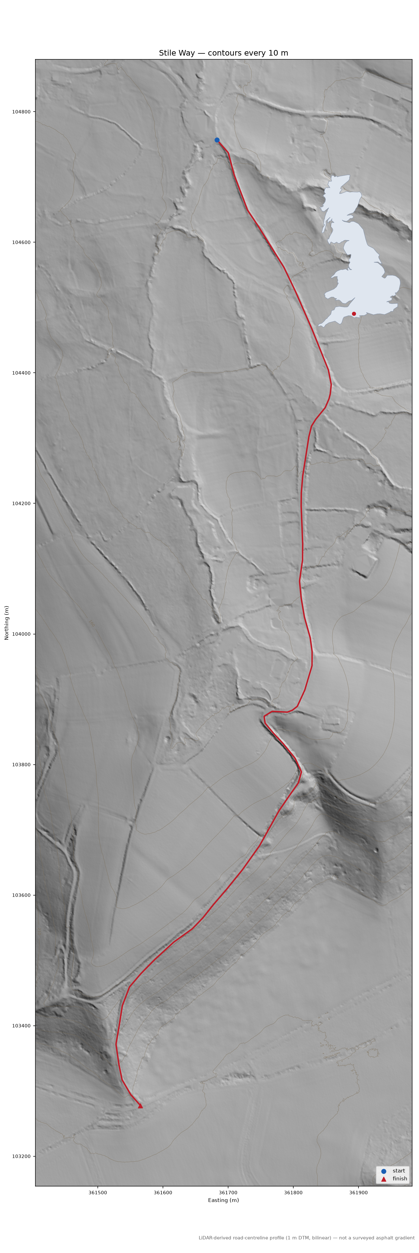 Stile Way LiDAR hillshade map with contours