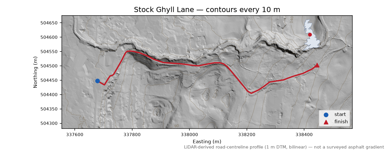 Stock Ghyll Lane LiDAR hillshade map with contours