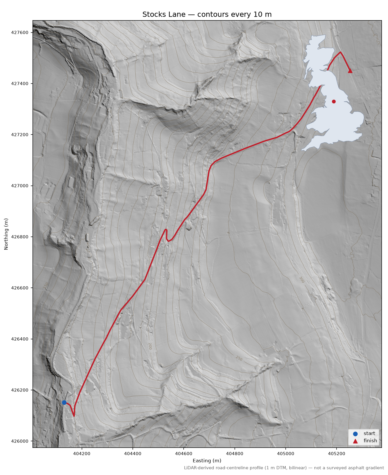 Stocks Lane LiDAR hillshade map with contours