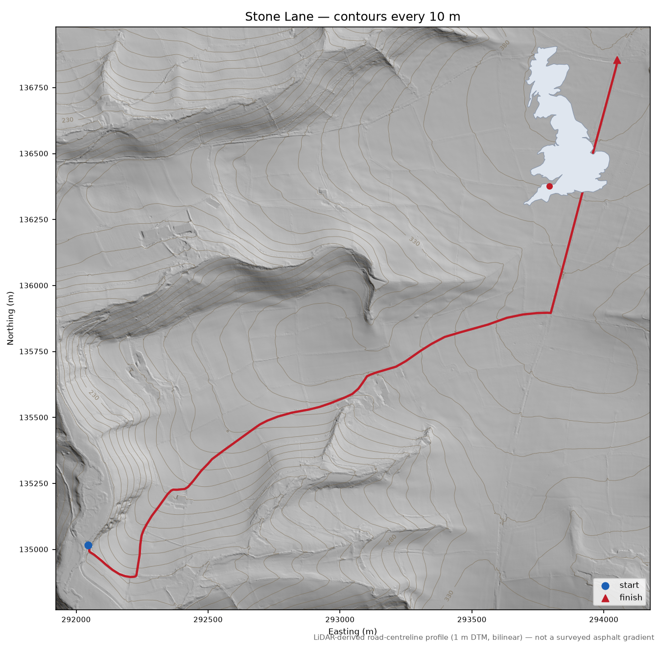 Stone Lane LiDAR hillshade map with contours