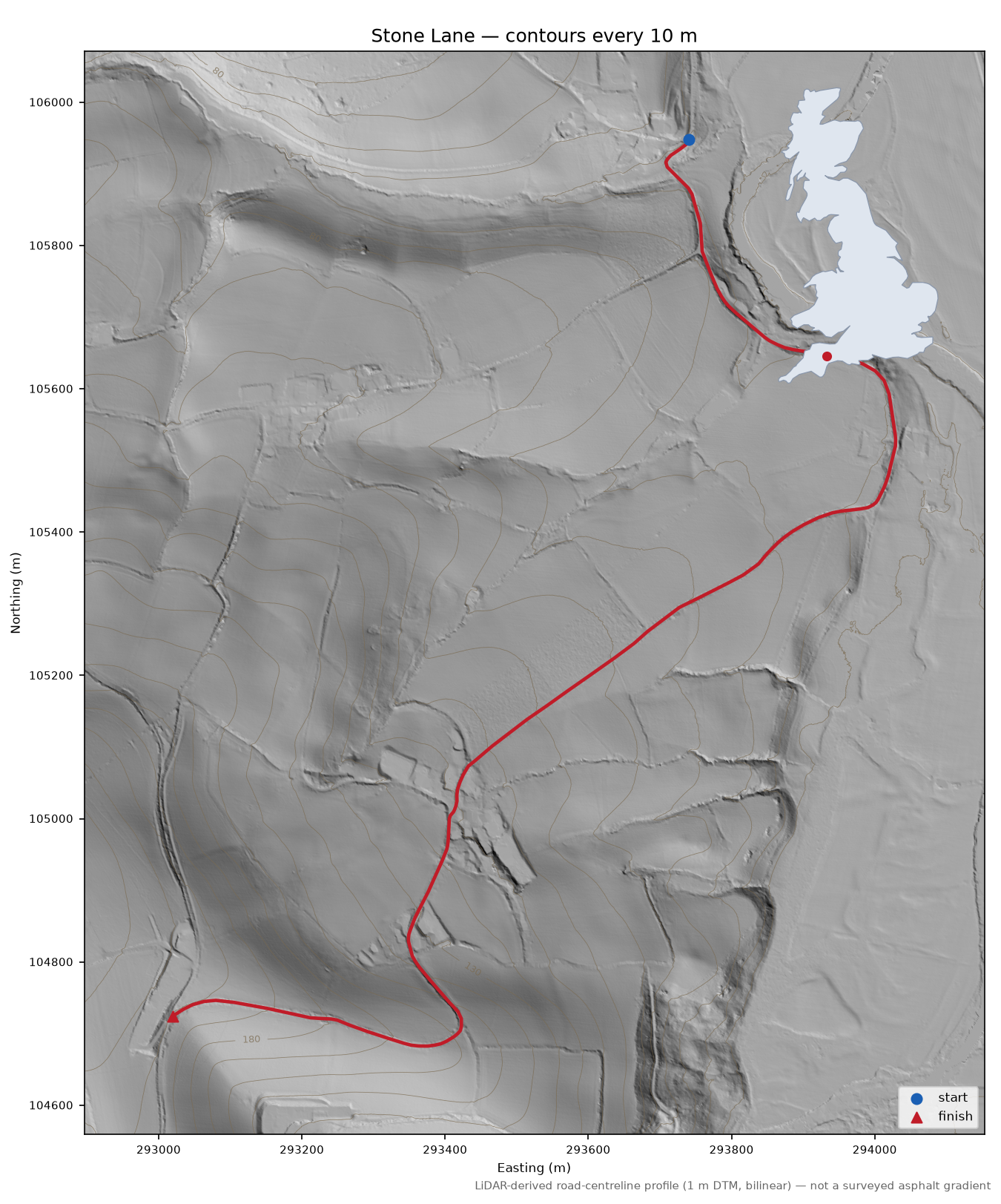 Stone Lane LiDAR hillshade map with contours