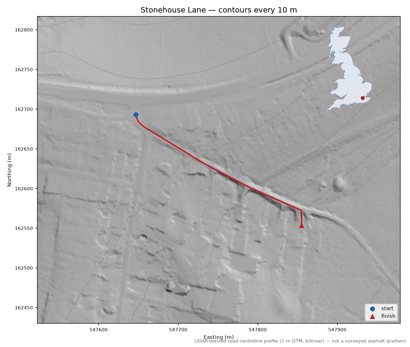 Stonehouse Lane LiDAR hillshade map with contours