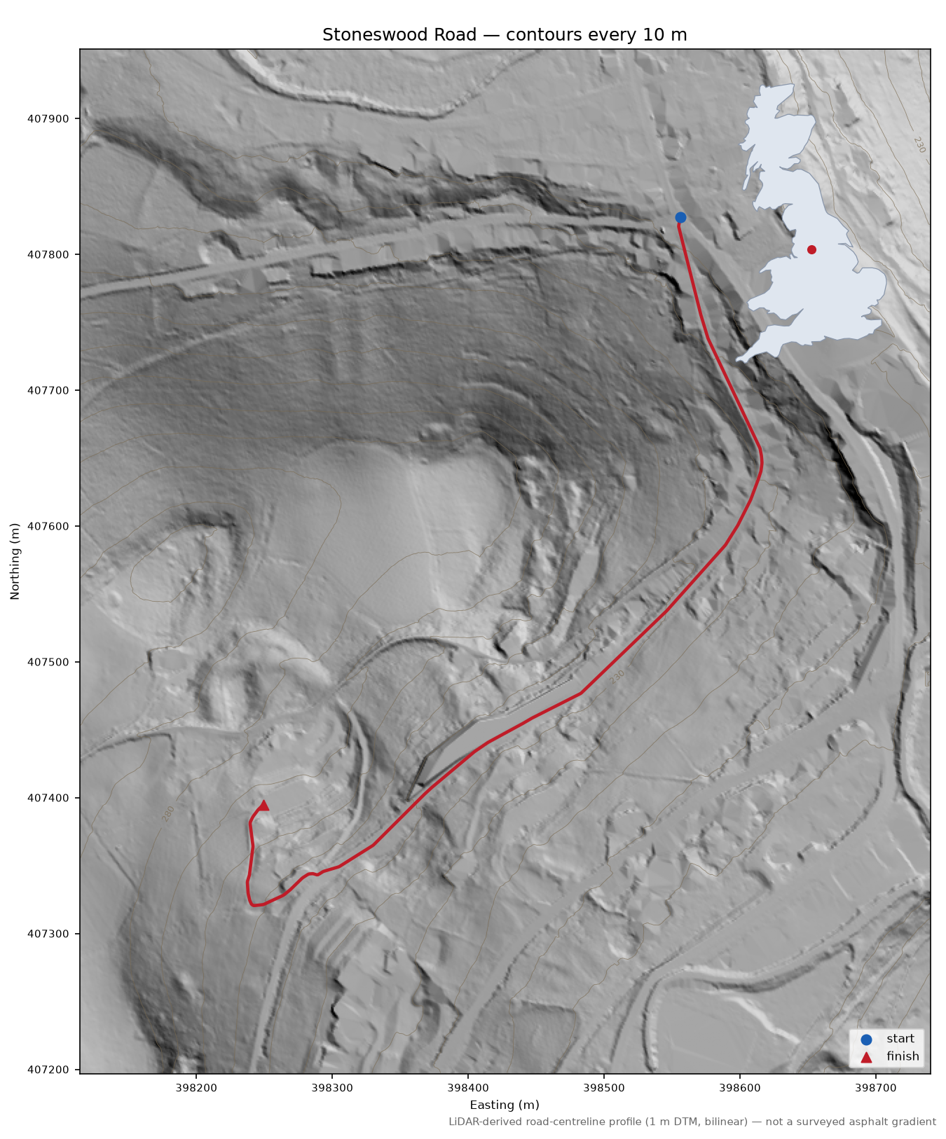 Stoneswood Road LiDAR hillshade map with contours