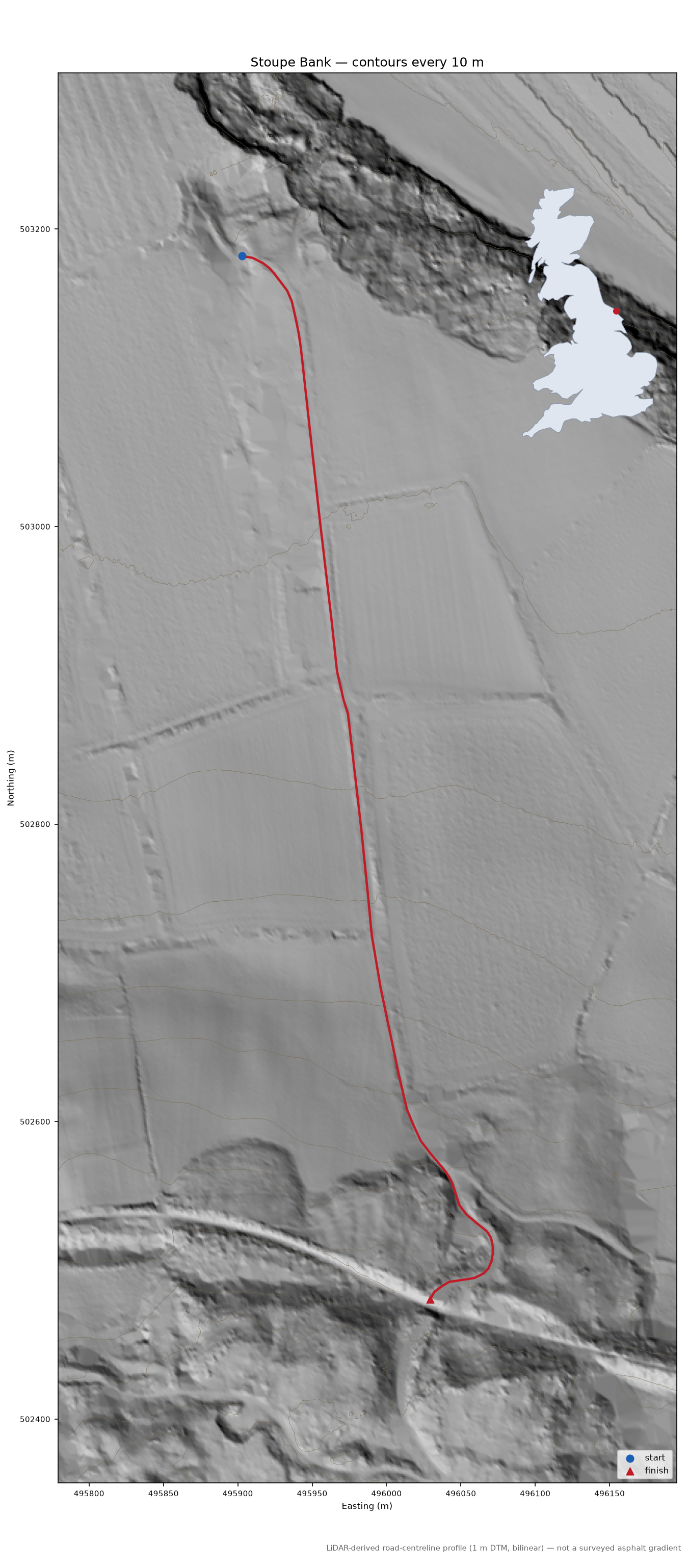 Stoupe Bank LiDAR hillshade map with contours