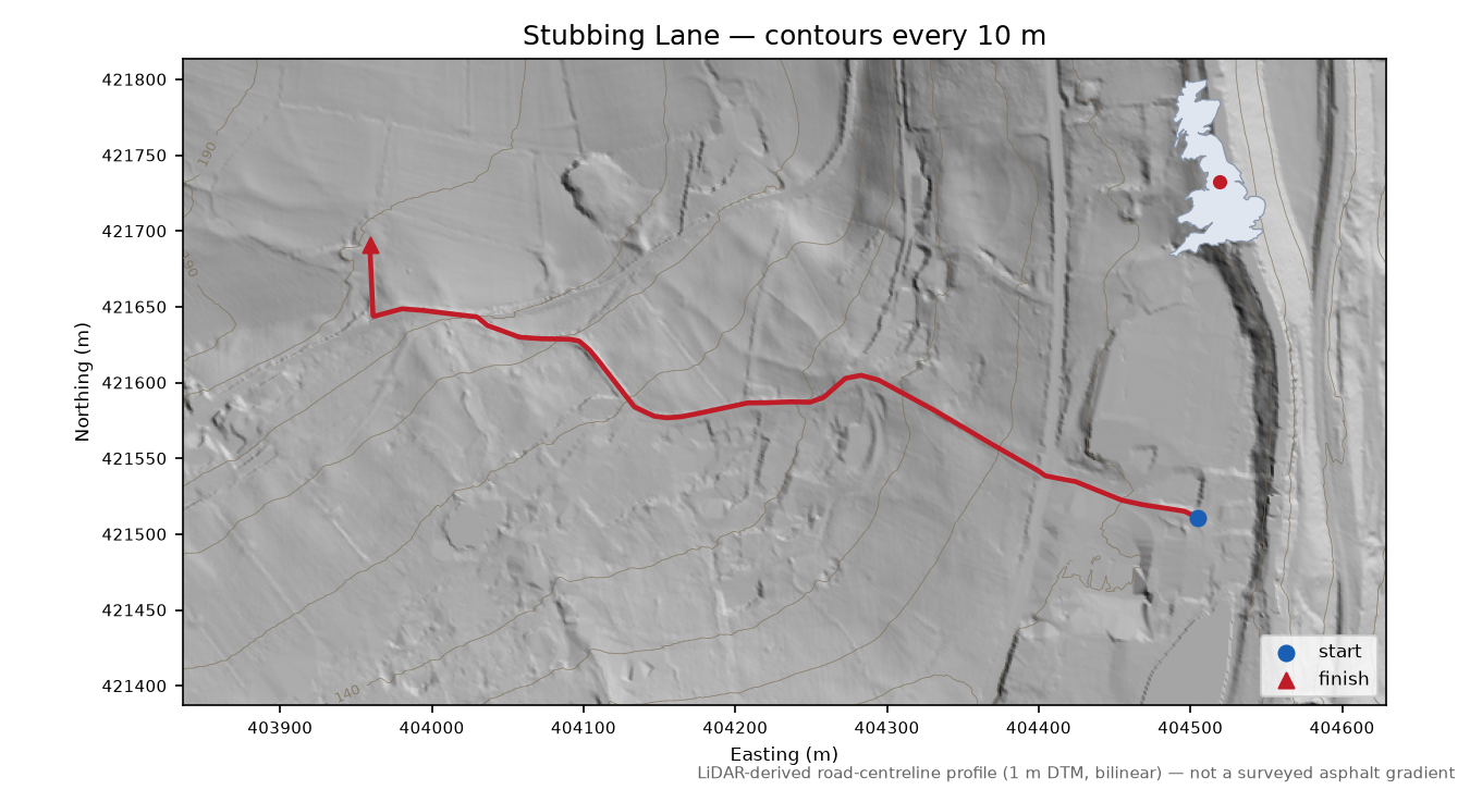 Stubbing Lane LiDAR hillshade map with contours