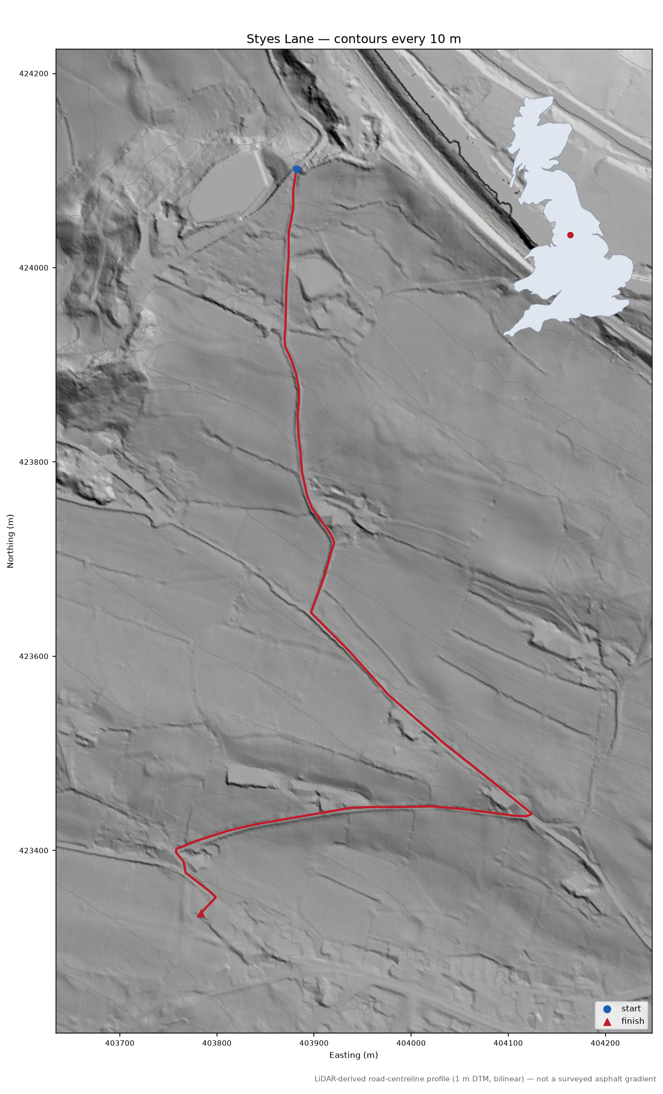 Styes Lane LiDAR hillshade map with contours