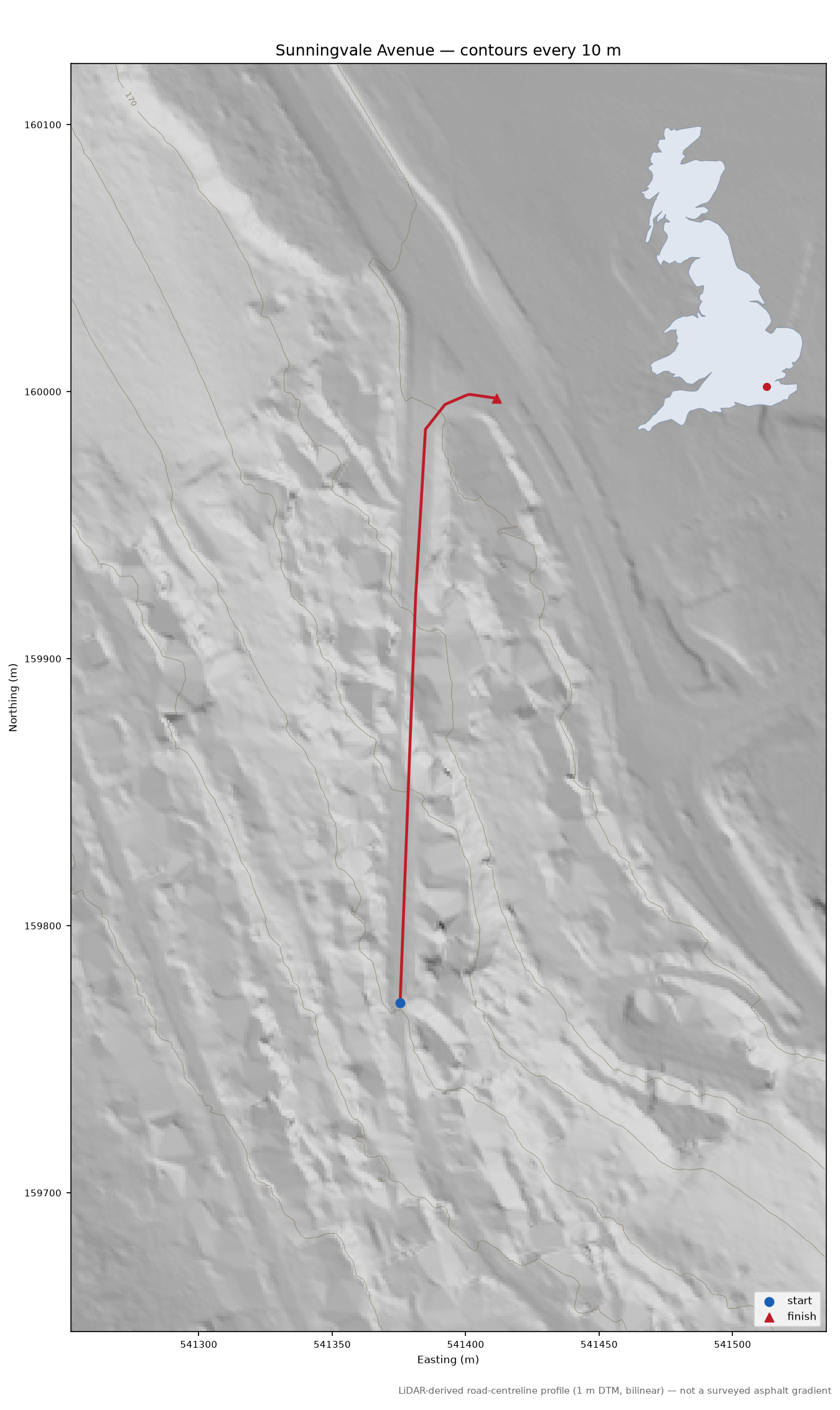 Sunningvale Avenue LiDAR hillshade map with contours