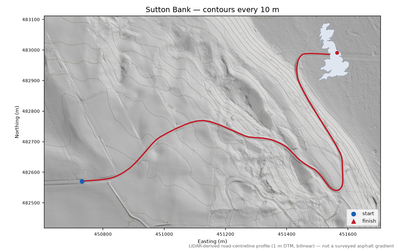 Sutton Bank LiDAR hillshade map with contours